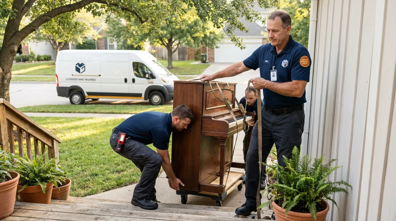 Licensed piano movers securing grand piano in Jacksonville, AR