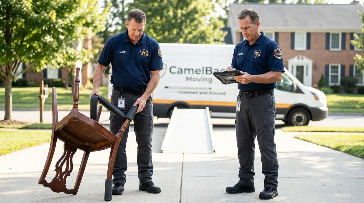 Movers inspecting furniture for damage prevention before loading in Jacksonville, AR