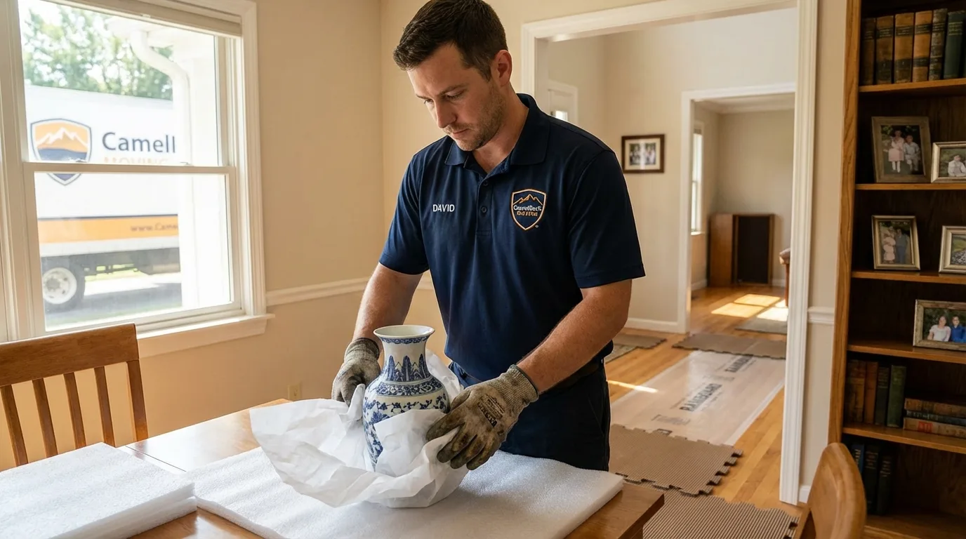 Professional crew carefully wrapping antique vase for senior downsizing move in Jacksonville, AR